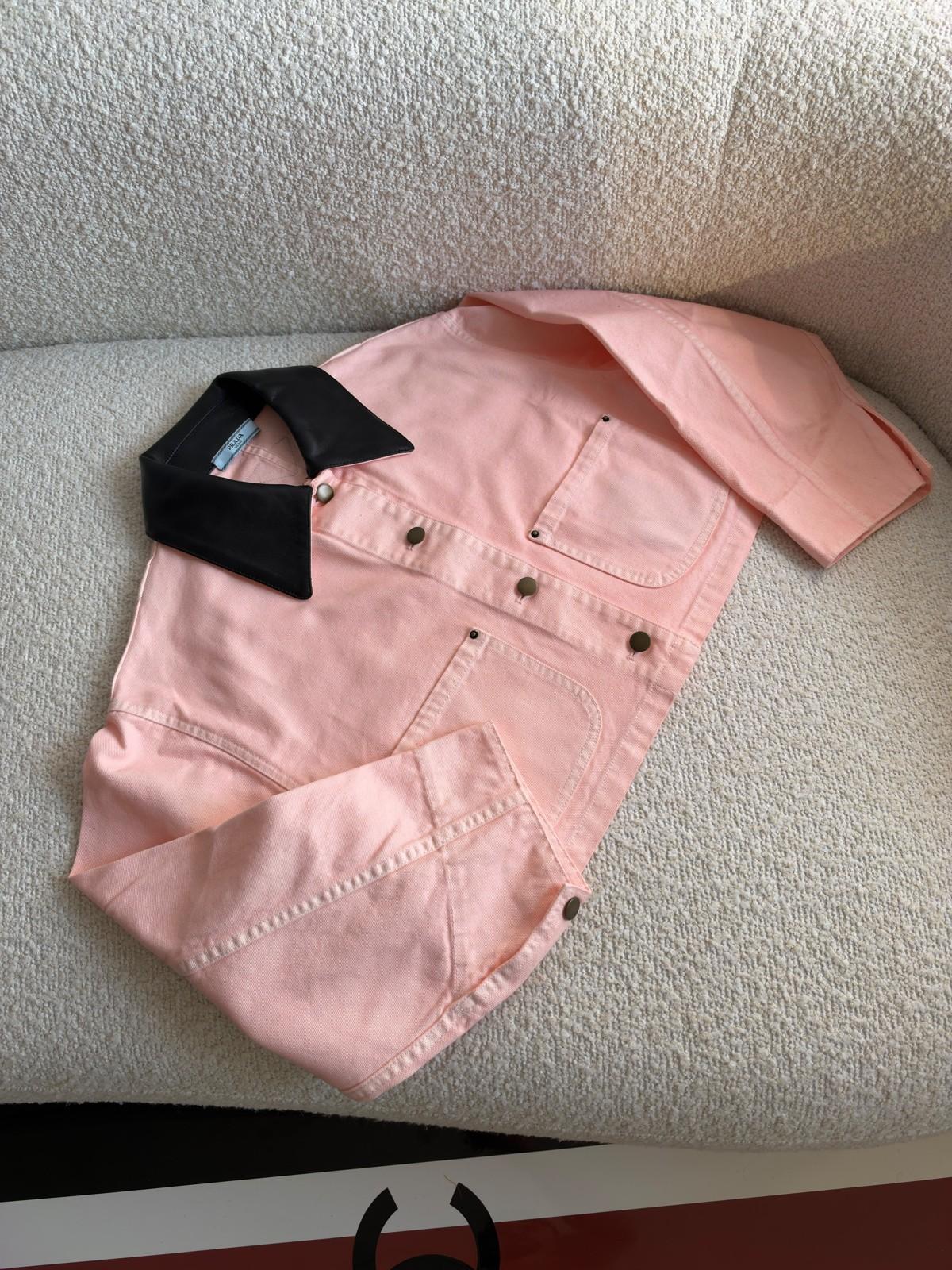 Prada Cropped Denim Jacket in Pink with Black Leather Collar · 3