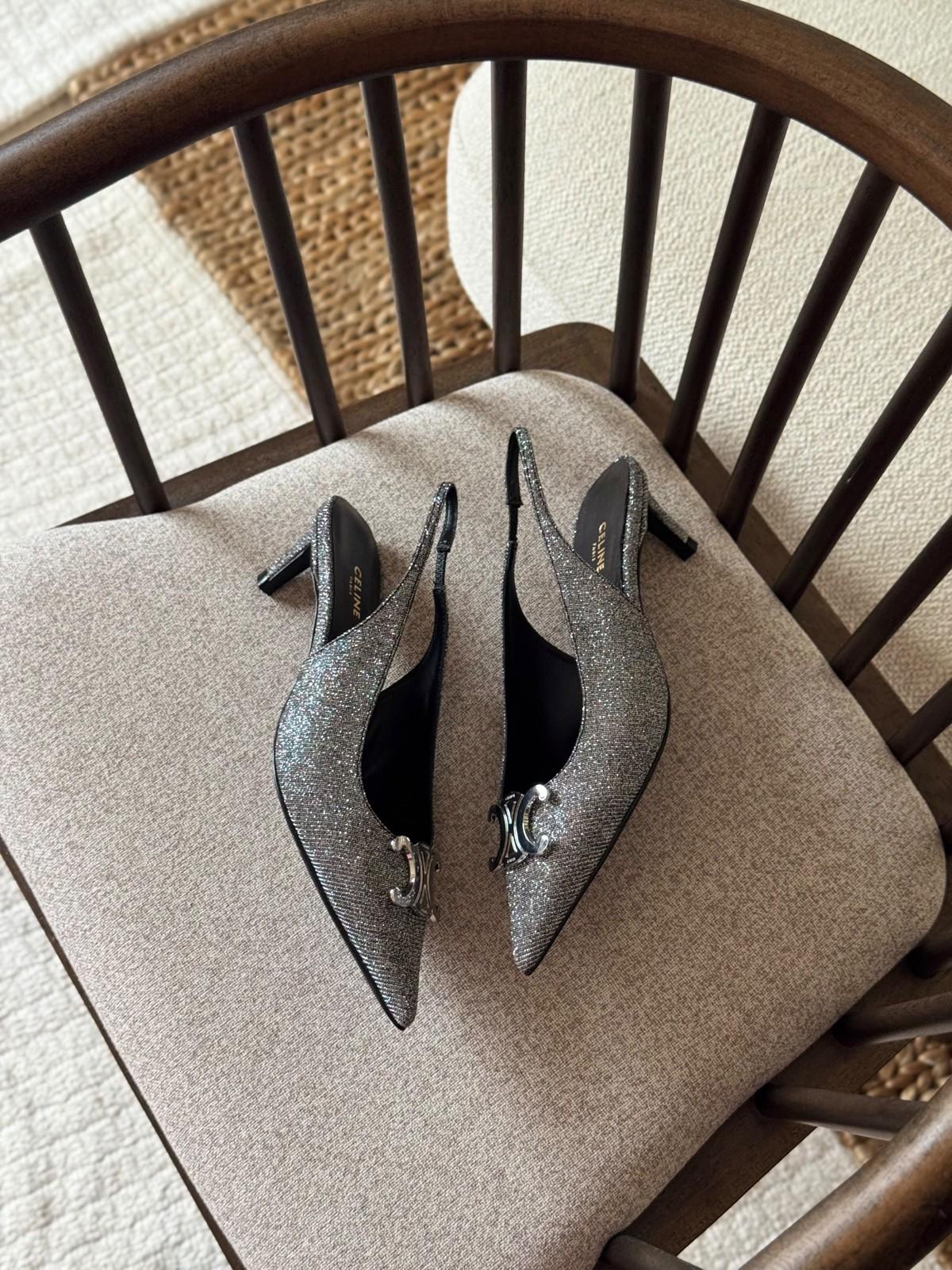 Celine Pointed Slingback Kitten Heel in Silver Glitter with Triomphe Buckle · 2