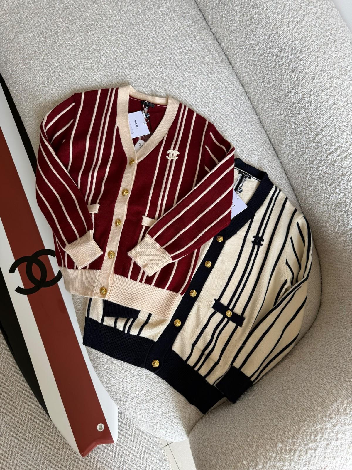 Chanel Striped Knit Cardigan with Cream Trim · 3