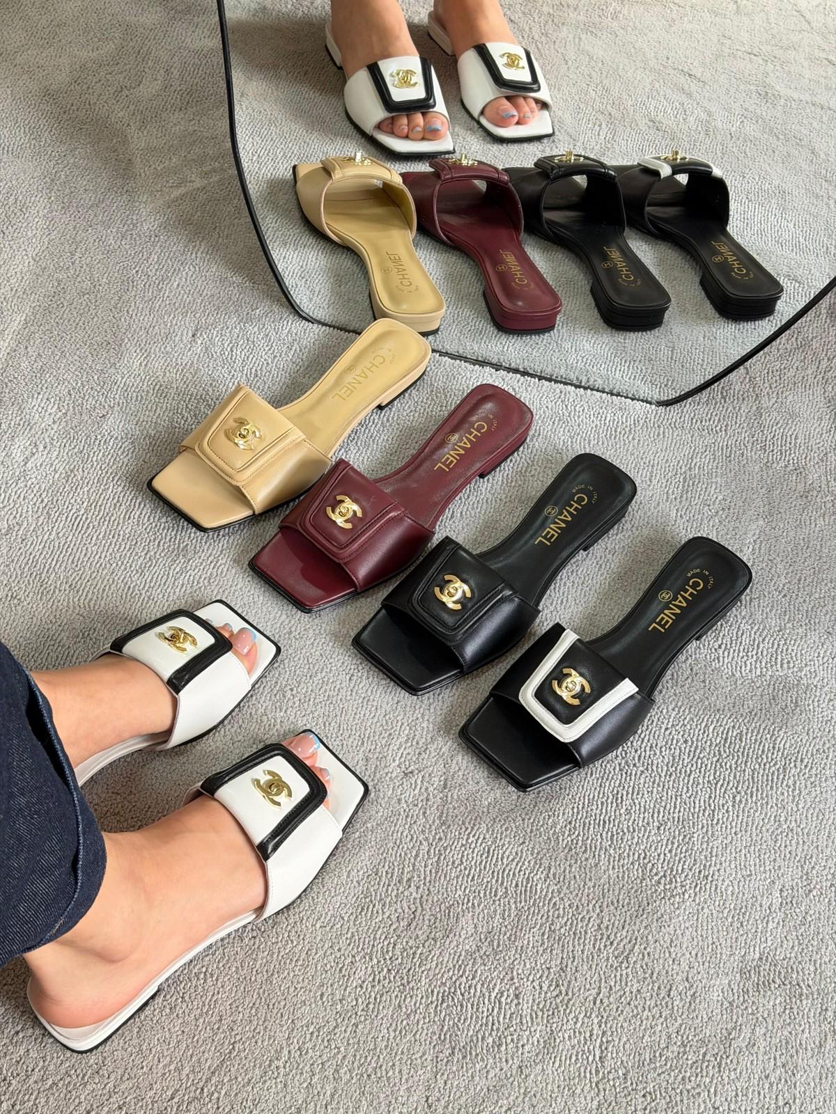 Chanel CC Square-Toe Slide Sandals in Lambskin