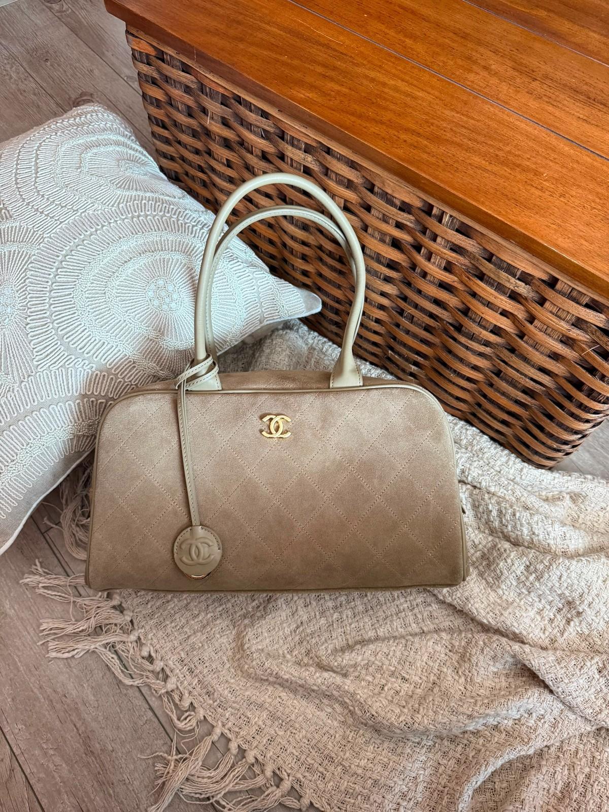 Chanel Quilted Suede Bowler Bag with CC Charm · 2