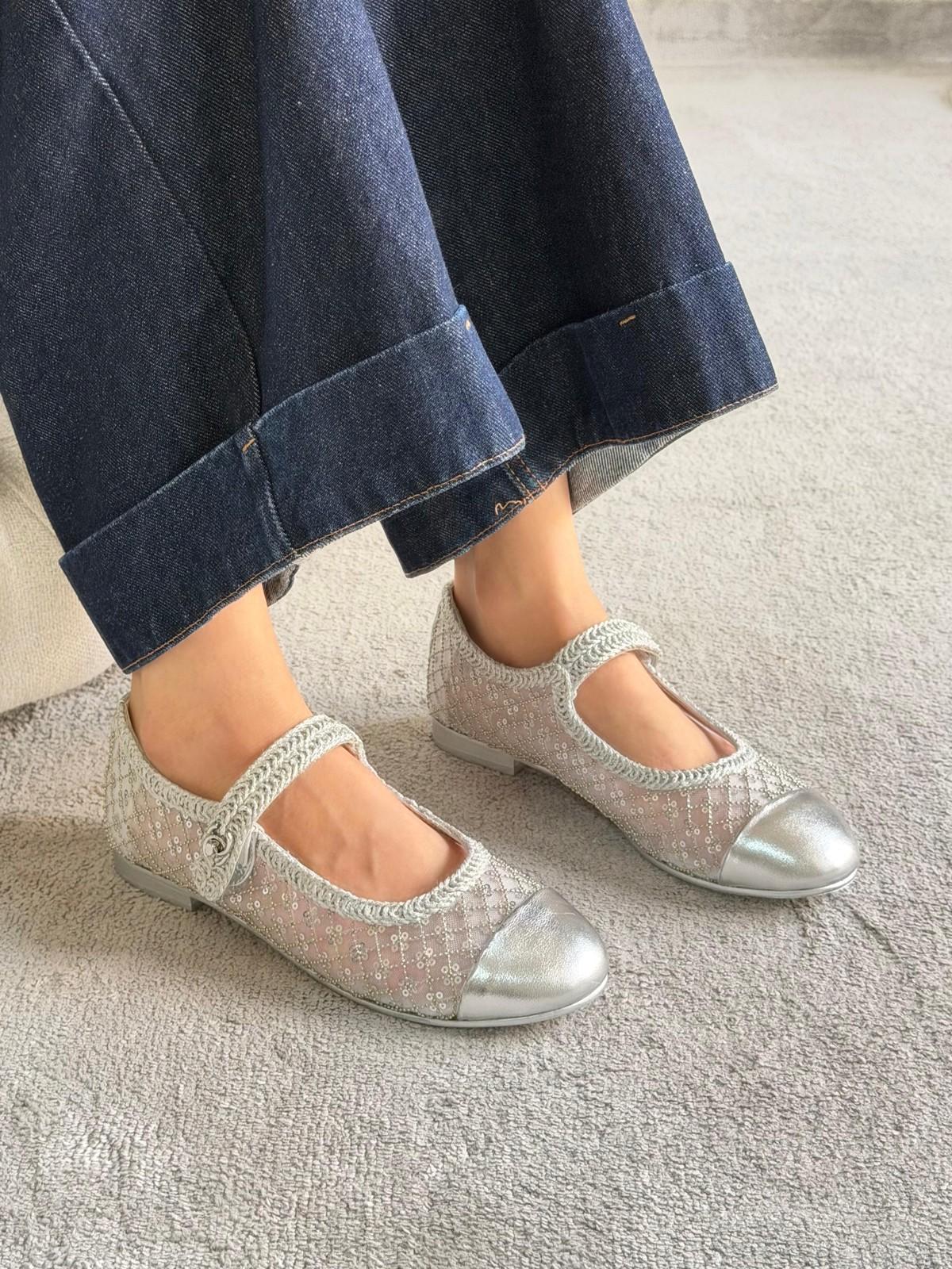 Chanel Silver Mesh & Sequin Mary Jane Flats with Metallic Cap Toe