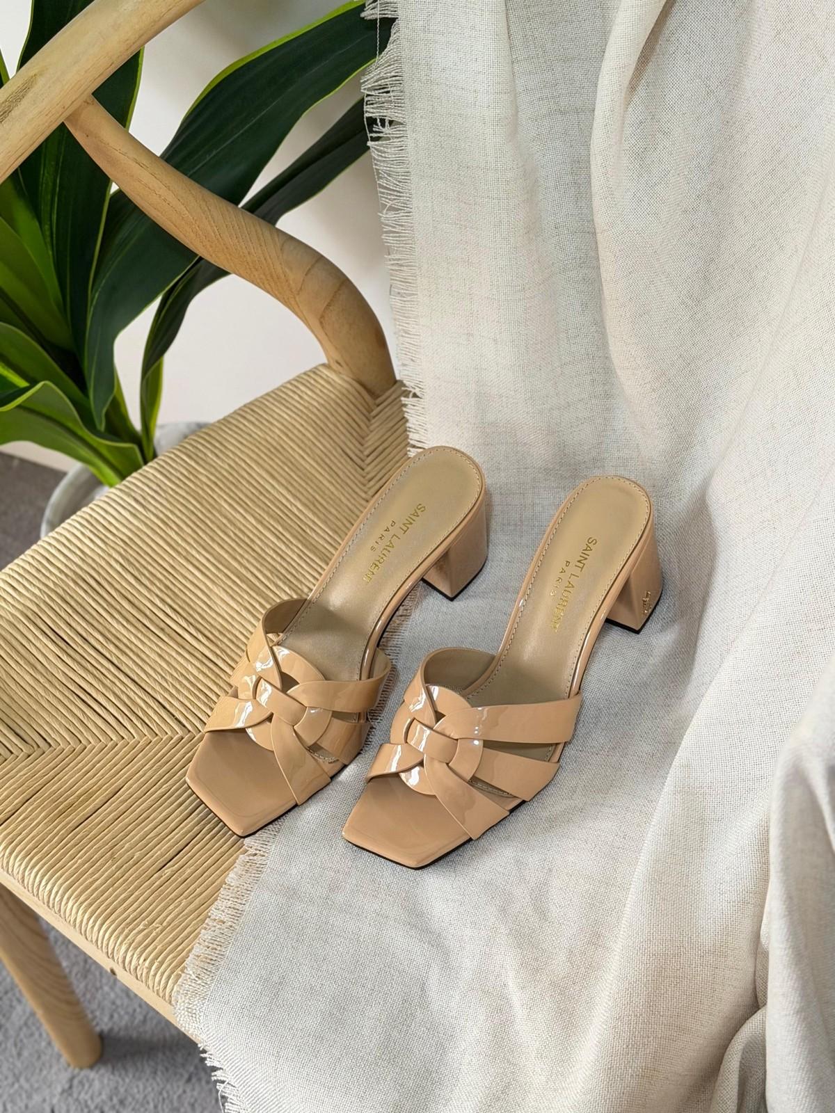 Saint Laurent Tribute Woven Strap Block Heel Mule in Beige Patent Leather · 3