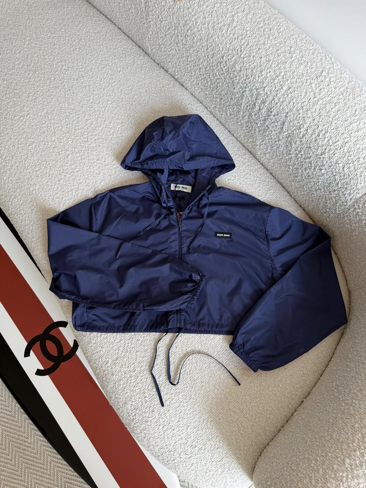 Miu Miu Navy Blue Hooded Cropped Nylon Jacket · 2