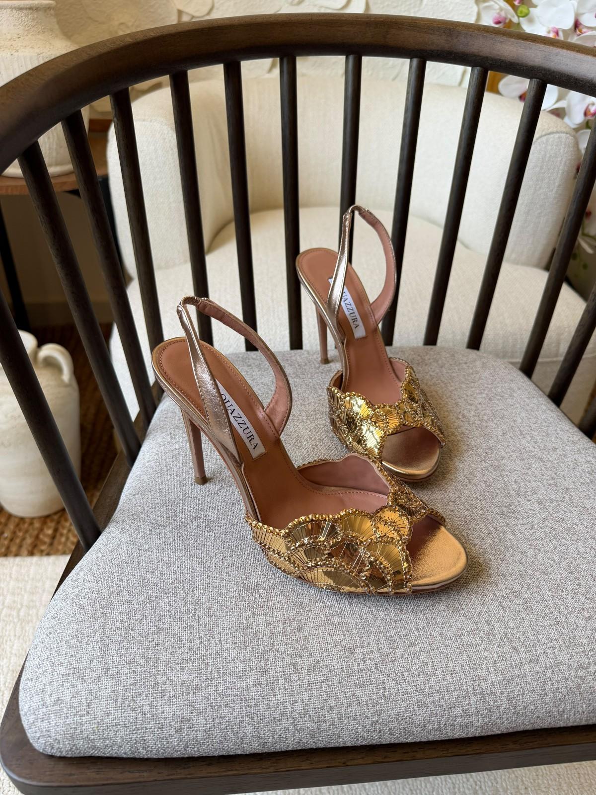 Aquazzura Gold Embellished Peep-Toe Slingback Sandal · 3
