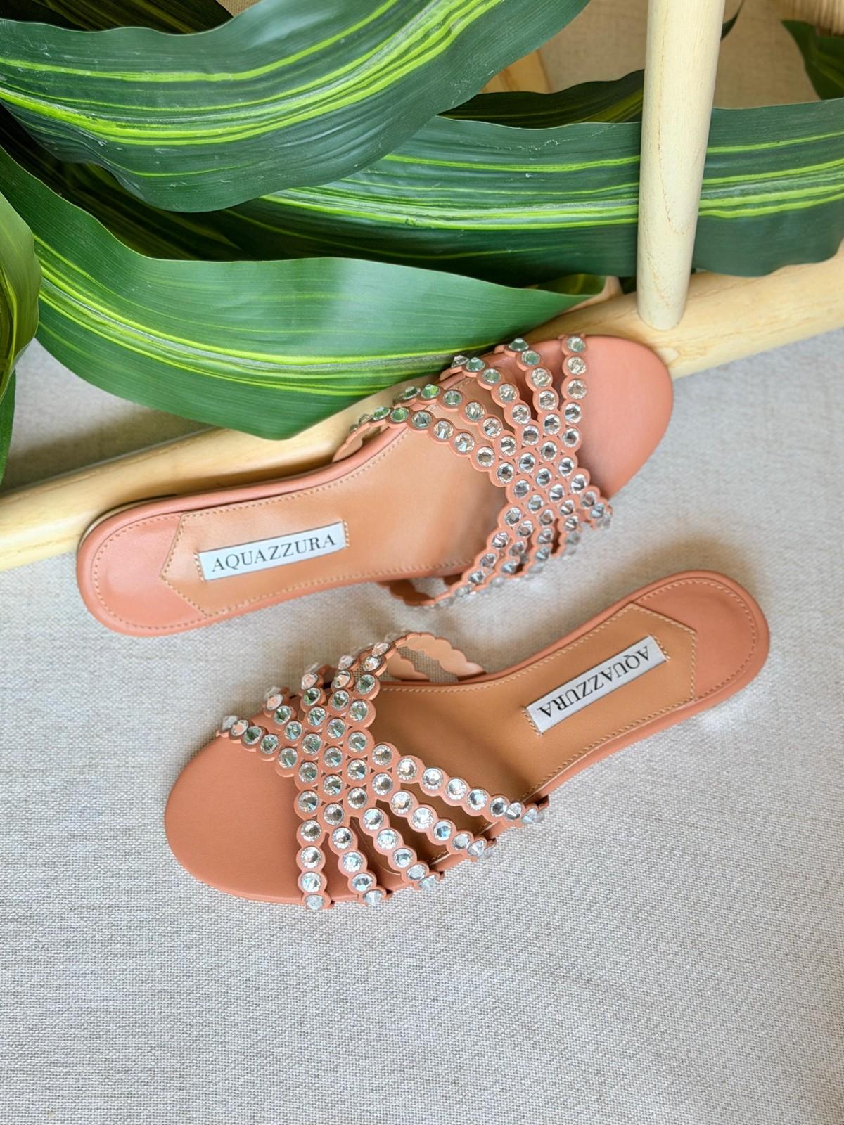Aquazzura Crystal Beaded Strappy Flat Slide Sandal in Blush Nude Leather · 2