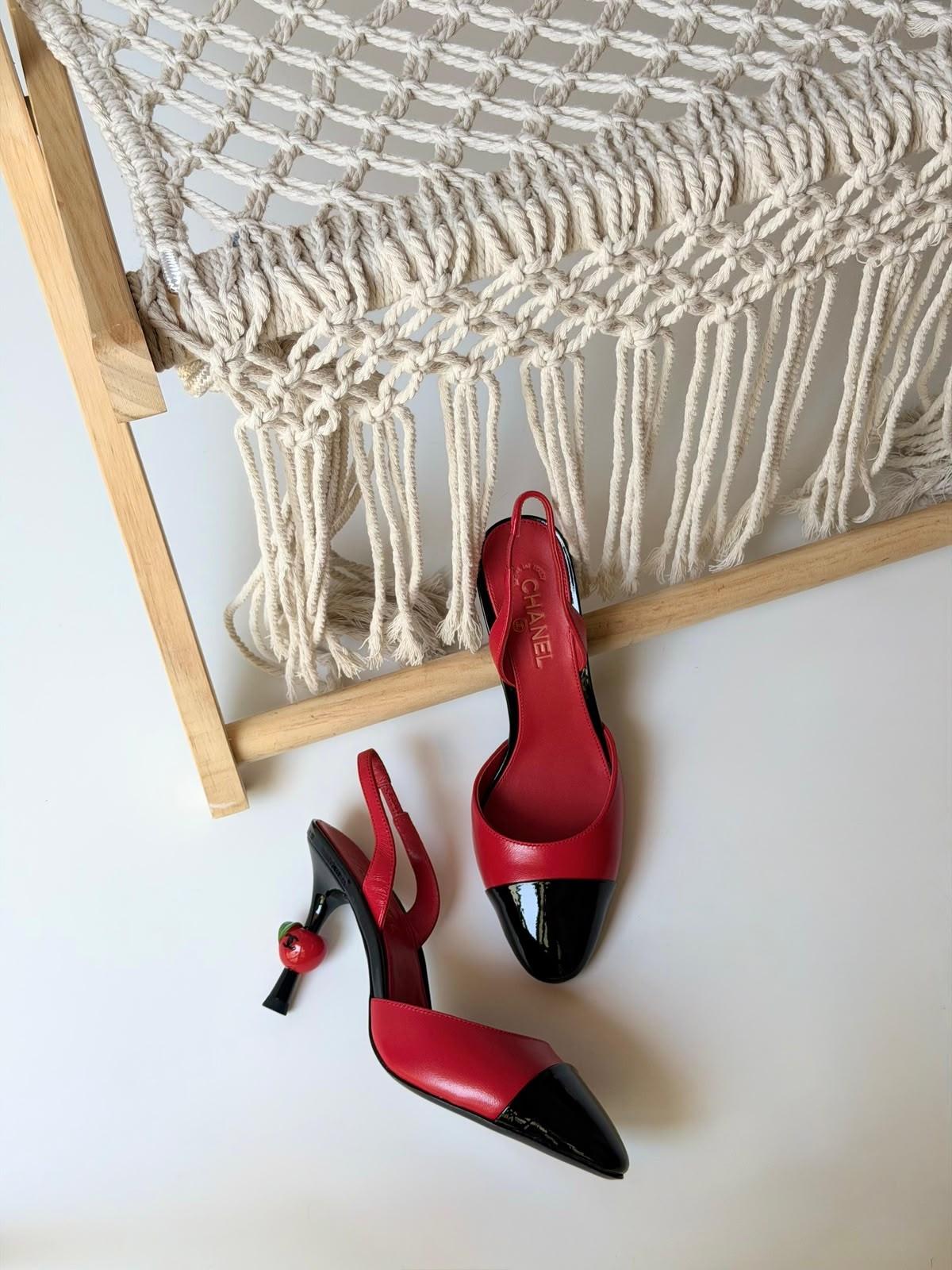 Chanel Slingback Pumps in Red Leather with Black Patent Cap Toe and Cherry Heel · 2