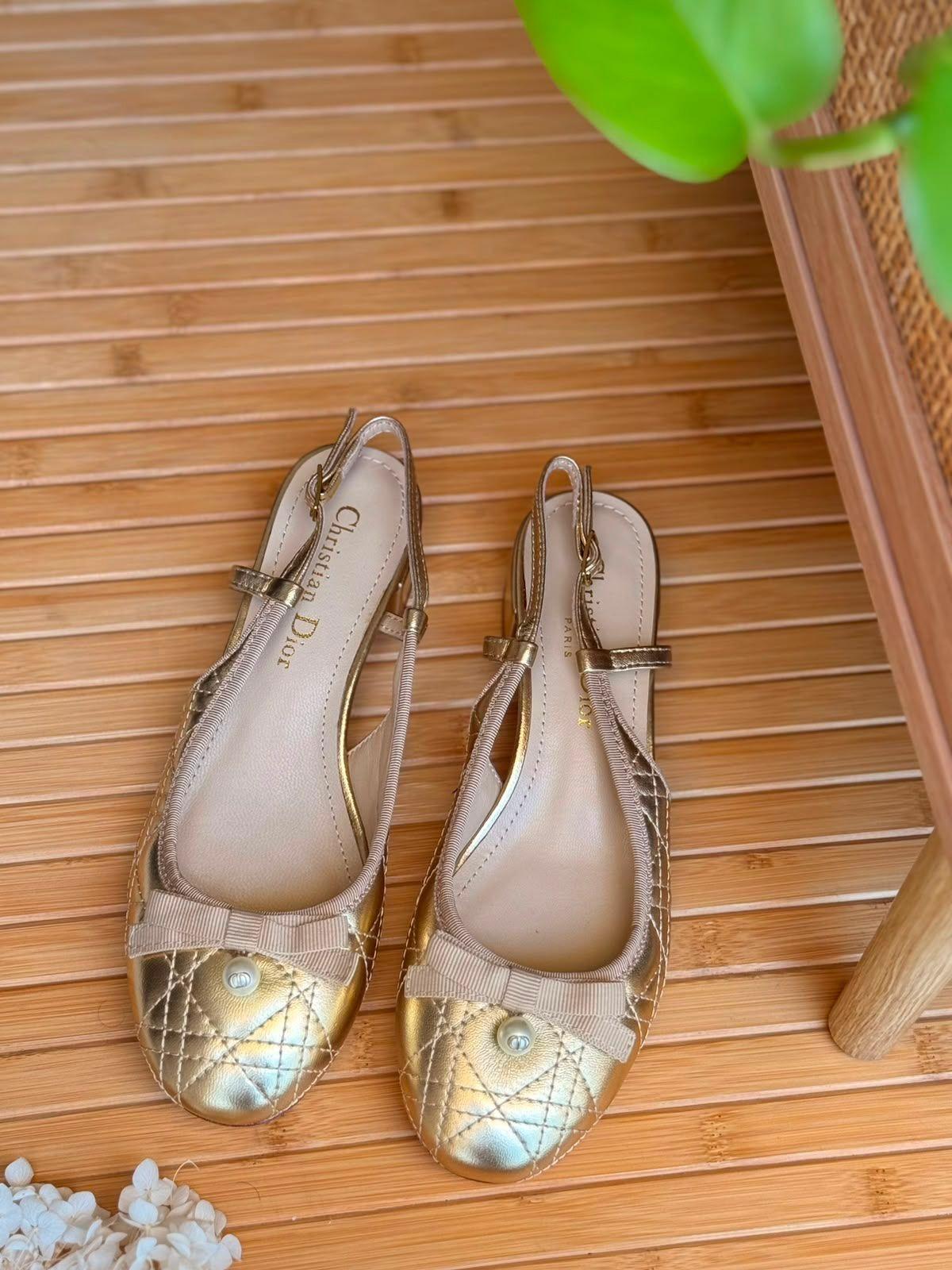 Dior Baby-D Slingback Ballerina in Cannage Lambskin with Pearl and Grosgrain Bow · 2