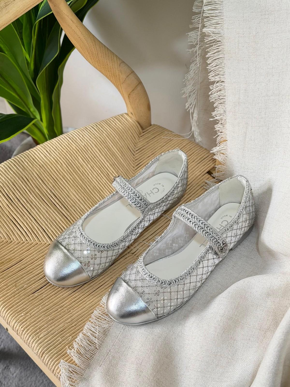 Chanel Silver Mesh & Sequin Mary Jane Flats with Metallic Cap Toe · 2