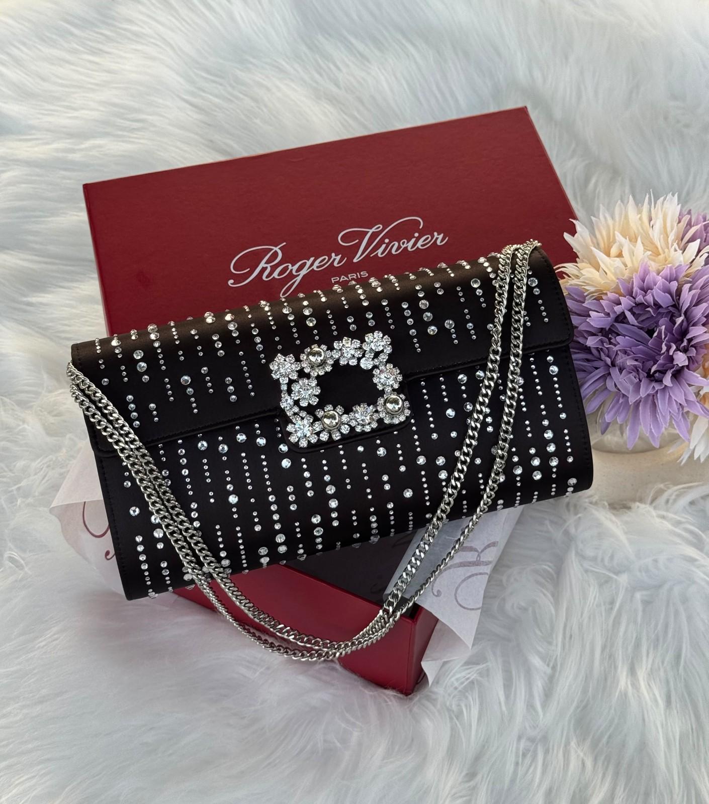 Roger Vivier Crystal Buckle Clutch in Satin with Crystal Studs · 2
