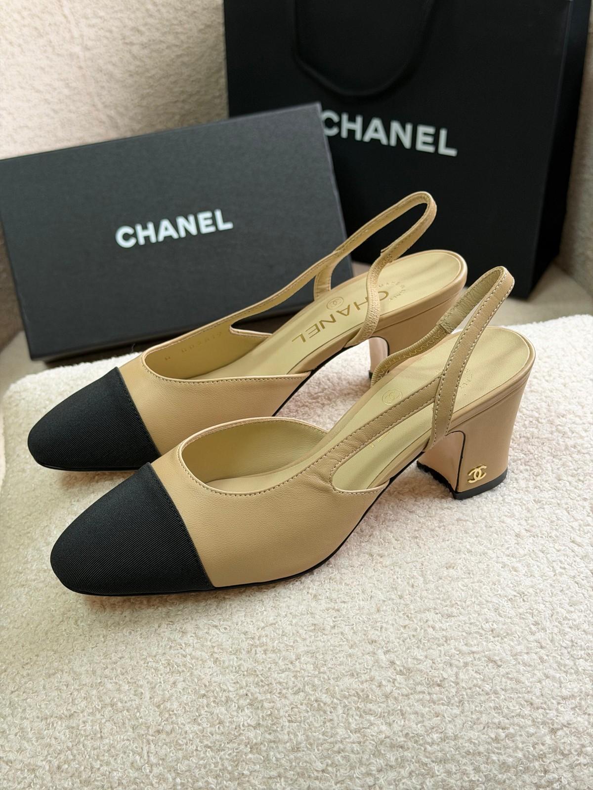 Chanel slingback block-heel pumps with grosgrain cap toe
