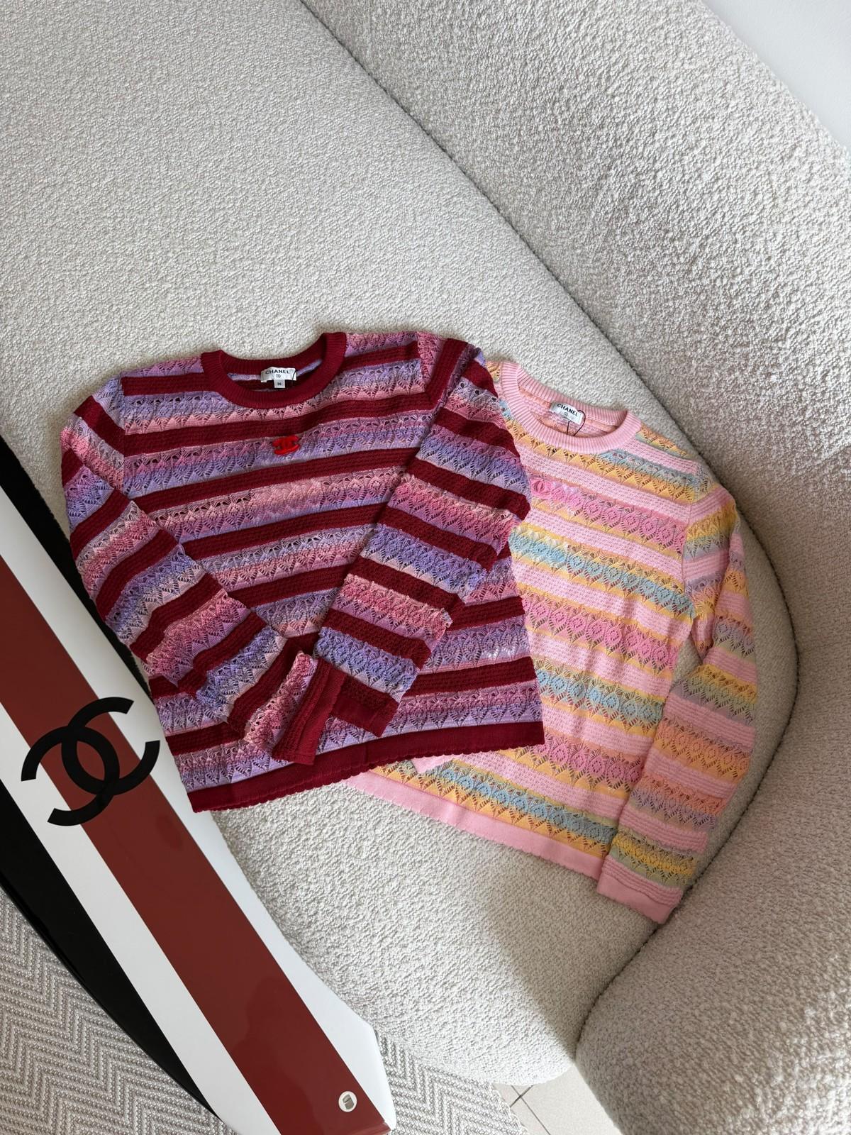 Chanel Striped Pointelle Knit Sweater with CC Logo · 3