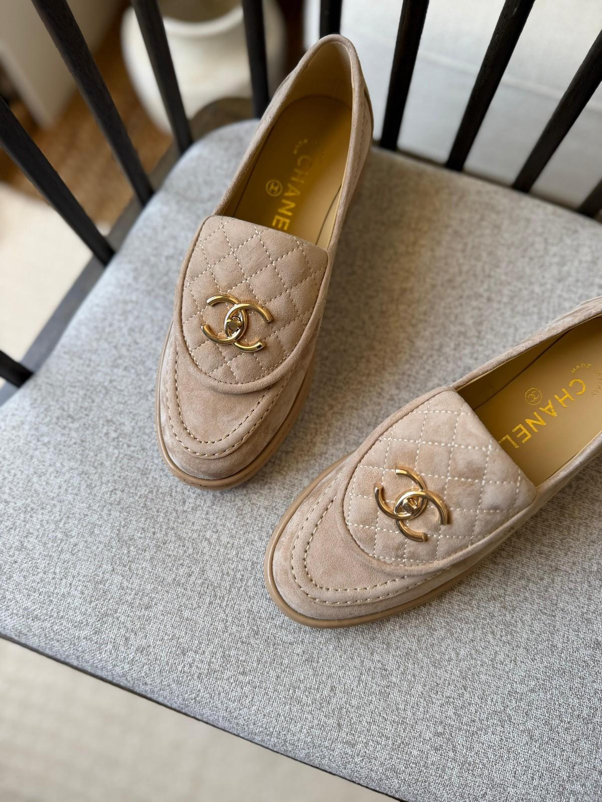 Chanel Quilted Suede Loafers with Gold CC · 2